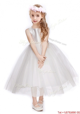 Simple Scoop Belt Tulle Flower Girl Dress in White