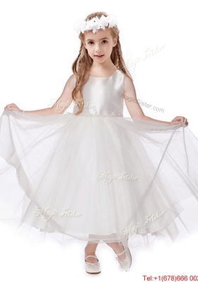 Simple Scoop Belt Tulle Flower Girl Dress in White