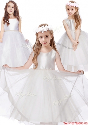 Simple Scoop Belt Tulle Flower Girl Dress in White