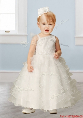 Sweet Asymmetrical Neckline Flower Girl Dress with Appliques and Ruffled Layers