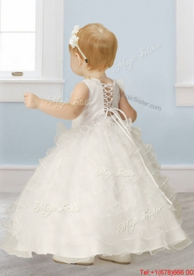 Sweet Asymmetrical Neckline Flower Girl Dress with Appliques and Ruffled Layers