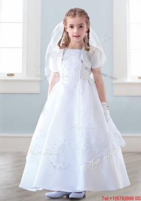 Top Selling Spaghetti Straps White Flower Girl Dress with Appliques