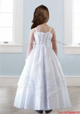 Top Selling Spaghetti Straps White Flower Girl Dress with Appliques