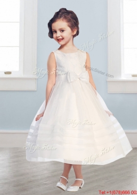 Wonderful Scoop Tulle Bowknot Flower Girl Dress in Champagne