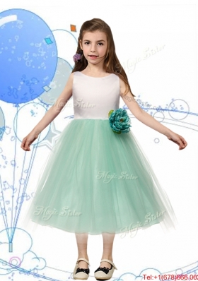 Comfortable Scoop Hand Made Flowers and Bowknot Mini Quinceanera Dress in Apple Green
