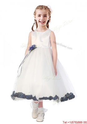 Romantic Scoop Flower Girl Dress with Hand Made Flowers and Appliques