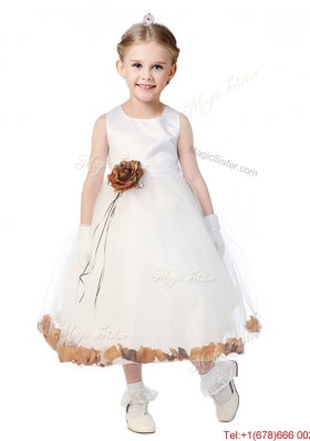 Romantic Scoop Flower Girl Dress with Hand Made Flowers and Appliques