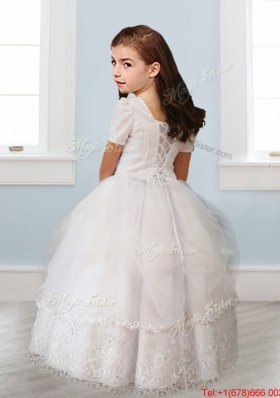 Best Square Short Sleeves White Mini Quinceanera Dress with Beading and Appliques