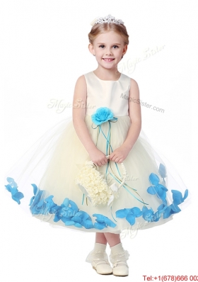 Lovely Tea Length Scoop Mini Quinceanera Dress with Hand Made Flowers and Appliques
