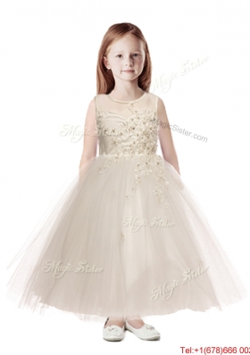 See Through Scoop Appliques Mini Quinceanera Dress in Champagne