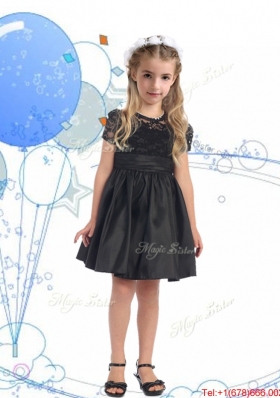 See Through Scoop Short Sleeves Lace and Belt Mini Quinceanera Dress in Black