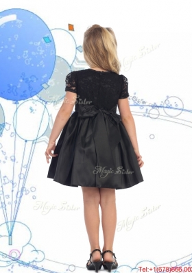 See Through Scoop Short Sleeves Lace and Belt Mini Quinceanera Dress in Black