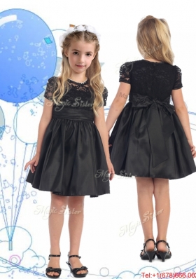 See Through Scoop Short Sleeves Lace and Belt Mini Quinceanera Dress in Black