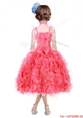 Beautiful Beaded and Ruffled Straps Girls Party Dress in Coral Red