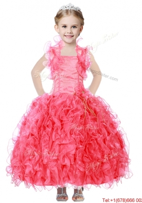 Beautiful Beaded and Ruffled Straps Girls Party Dress in Coral Red