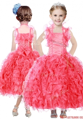 Beautiful Beaded and Ruffled Straps Girls Party Dress in Coral Red
