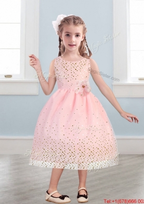 Beautiful Scoop Girls Party Dress with Hand Made Flowers and Sequins