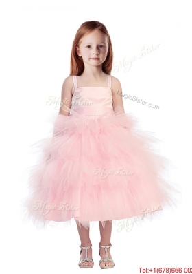 Discount Spaghetti Straps Beading and Ruffled Layers Girls Party Dress in Pink