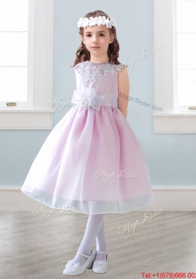 Elegant Scoop Tea Length Girls Party Dress with Appliques and Hand Made Flowers