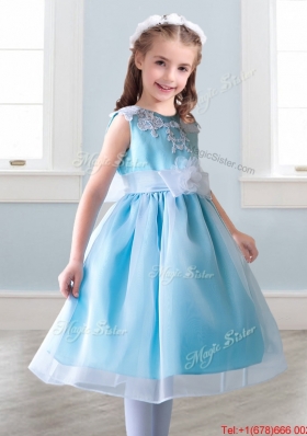 Elegant Scoop Tea Length Girls Party Dress with Appliques and Hand Made Flowers