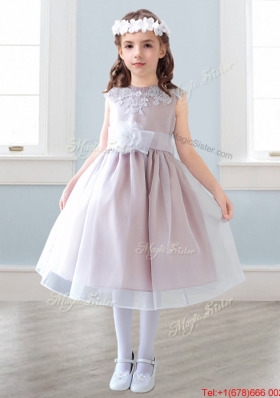 Elegant Scoop Tea Length Girls Party Dress with Appliques and Hand Made Flowers