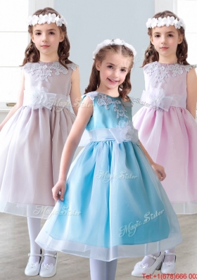 Elegant Scoop Tea Length Girls Party Dress with Appliques and Hand Made Flowers