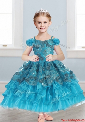 Exquisite Spaghetti Straps Cap Sleeves Girls Party Dress with Lace and Ruffled Layers