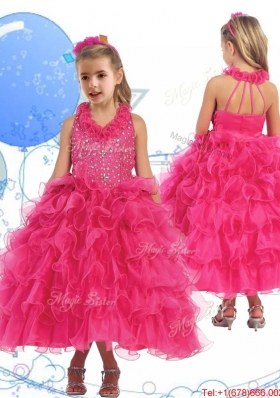 Latest Halter Top Beading and Ruffled Layers Girls Party Dress in Hot Pink