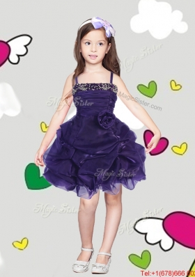 Latest Spaghetti Straps Girls Party Dress with Hand Made Flowers and Pick Ups