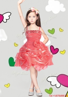 Latest Spaghetti Straps Girls Party Dress with Hand Made Flowers and Pick Ups