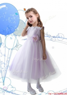 Lovely Scoop Hand Made Flowers and Appliques Girls Party Dress in Baby Pink