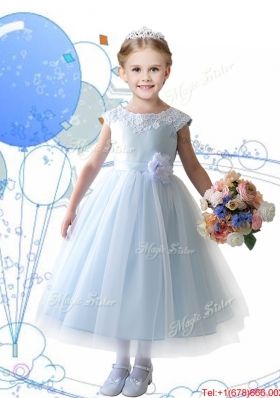 Lovely Scoop Hand Made Flowers and Appliques Girls Party Dress in Baby Pink