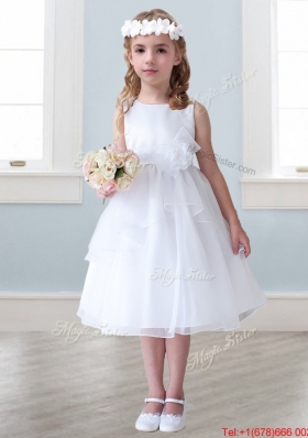 Lovely Scoop Hand Made Flowers and Ruffled Layers Girls Party Dress in Tea-length