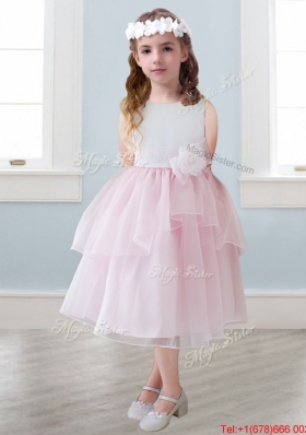 Lovely Scoop Hand Made Flowers and Ruffled Layers Girls Party Dress in Tea-length