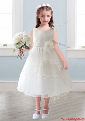 Lovely Scoop Hand Made Flowers and Ruffled Layers Girls Party Dress in Tea-length