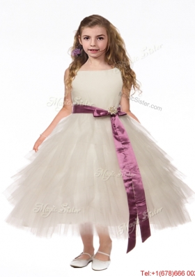 Lovely Scoop White Girls Party Dress with Bowknot and Ruffled Layers