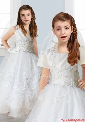 Luxurious White Spaghetti Straps Girls Party Dress with Appliques and Ruffled Layers