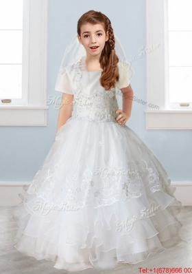 Luxurious White Spaghetti Straps Girls Party Dress with Appliques and Ruffled Layers