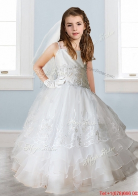 Luxurious White Spaghetti Straps Girls Party Dress with Appliques and Ruffled Layers