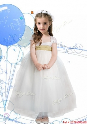 New Arrivals Square Cap Sleeves Girls Party Dress with Sashes