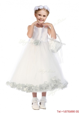 New Style Scoop Hand Made Flowers and Appliques Girls Party Dress in White