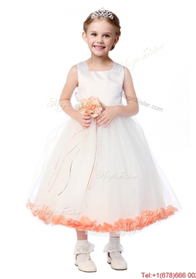 Popular Scoop Girls Party Dress with Orange Red Hand Made Flowers