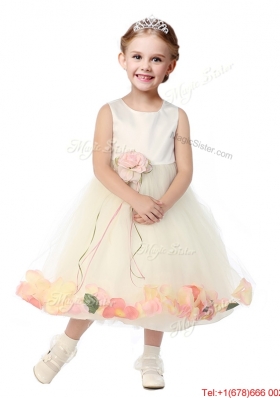 Popular Scoop Tulle Girls Party Dress with Hand Made Flowers and Appliques