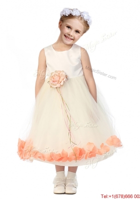 Popular Scoop Tulle Girls Party Dress with Hand Made Flowers and Appliques