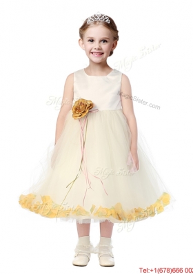 Popular Scoop Tulle Girls Party Dress with Hand Made Flowers and Appliques