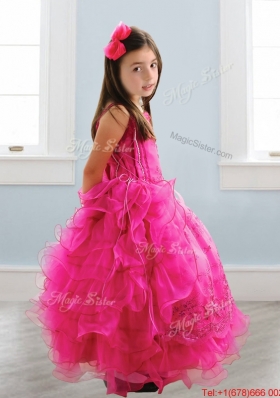 Popular Spaghetti Straps Lace and Ruffled Layers Girls Party Dress in Hot Pink