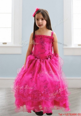 Popular Spaghetti Straps Lace and Ruffled Layers Girls Party Dress in Hot Pink