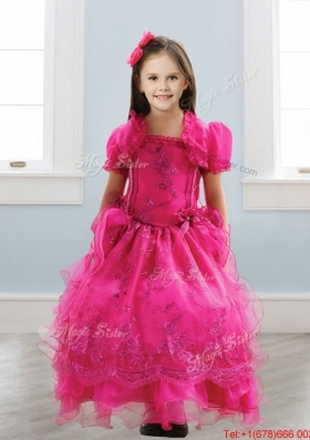 Popular Spaghetti Straps Lace and Ruffled Layers Girls Party Dress in Hot Pink