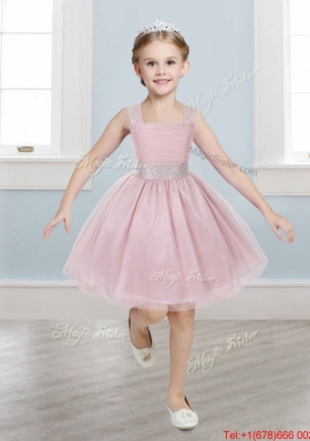 Pretty Straps Tulle Girls Party Dress with Bowknot and Beading