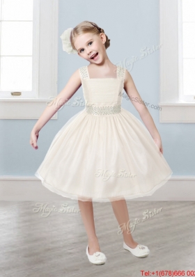 Pretty Straps Tulle Girls Party Dress with Bowknot and Beading